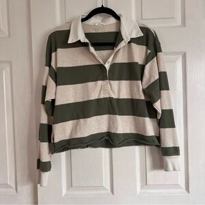 Aerie Green and Cream Striped Collared Tee